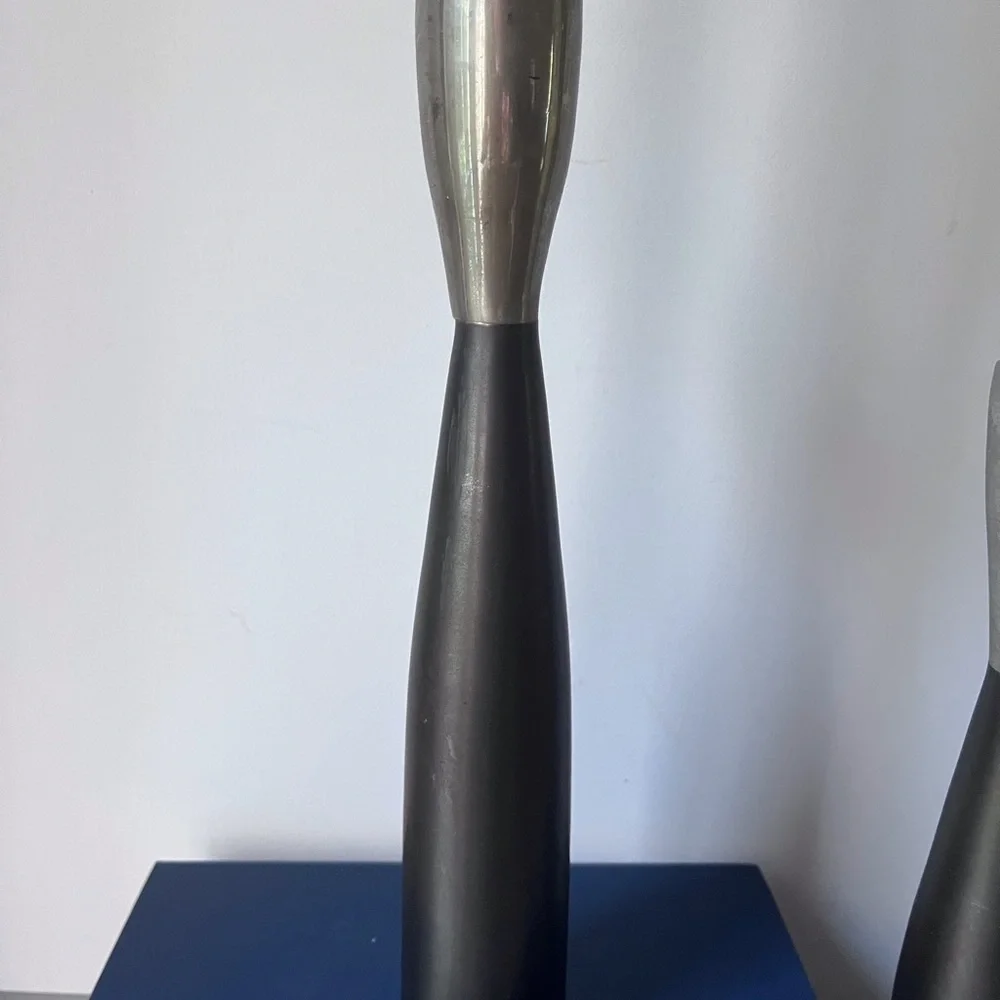 Crate & Barrel Chrome & Nickel Brutalist MCM Style Candle Holders Set Of 2